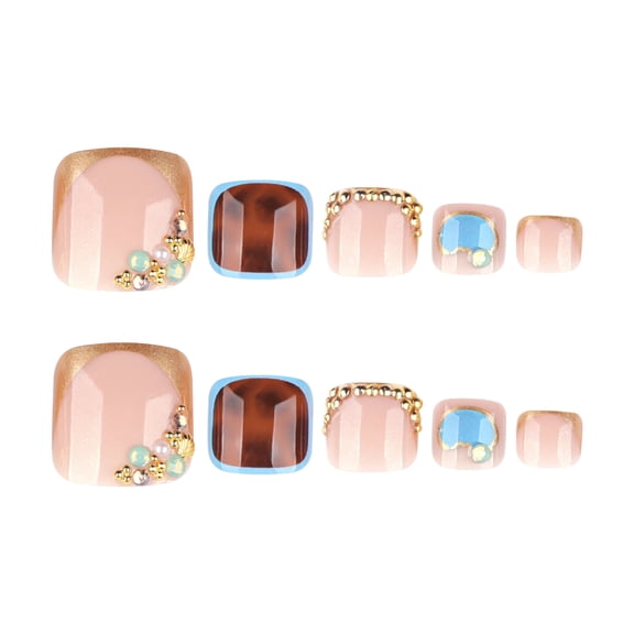 Nude Pink Tortoiseshell Pattern Press on Nails, Short Square Glossy False Nails with Gold Rim and Rhinestone Accents, 24 Count