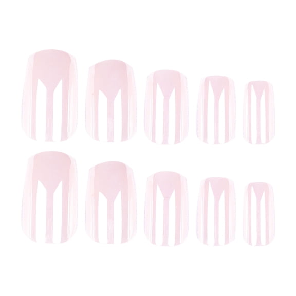 Nude Pink Vertical Stripe V-Shaped Geometric Press on Nails, Medium Squoval Glossy False Nails, 24 Count