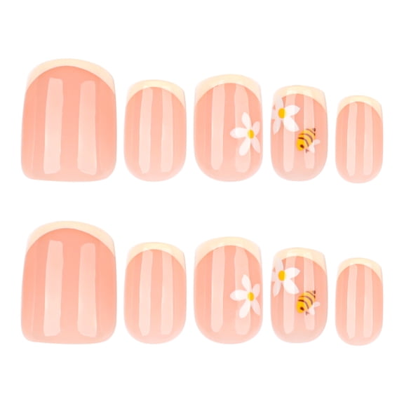 Nude Pink White French Tip Floral Bee Press on Nails, Short Squoval Glossy False Nails, 20 Count