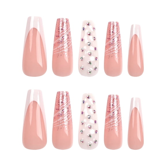 Nude Pink White Tip Glitter Gradient Rhinestone Accent Press on Nails, Long Coffin Glossy False Nails, 24 Count
