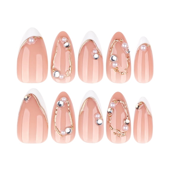 Nude Pink White Tips French Tip Press on Nails, Medium Almond Glossy Finish with Gold Wire, Pearl Rhinestone Accents and Raised Detail False Nails, 24 Count