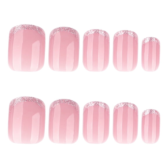 Nude, Pink, and Silver Medium Long Square Press on Nails, French Tip Glossy Glitter Fake Nails, for Daily Wear, 24 Count