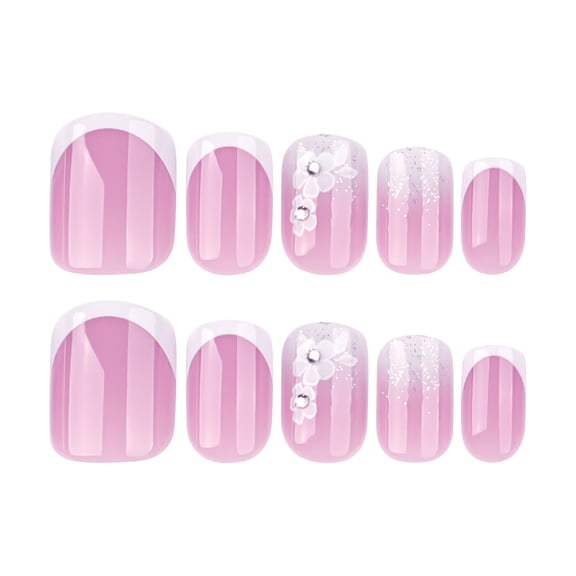 Nude Pink with White Tips French Tip Floral Glitter Gradient Press on Nails, Short Squoval Glossy Fake Nails with Rhinestone Accent, 24 Count