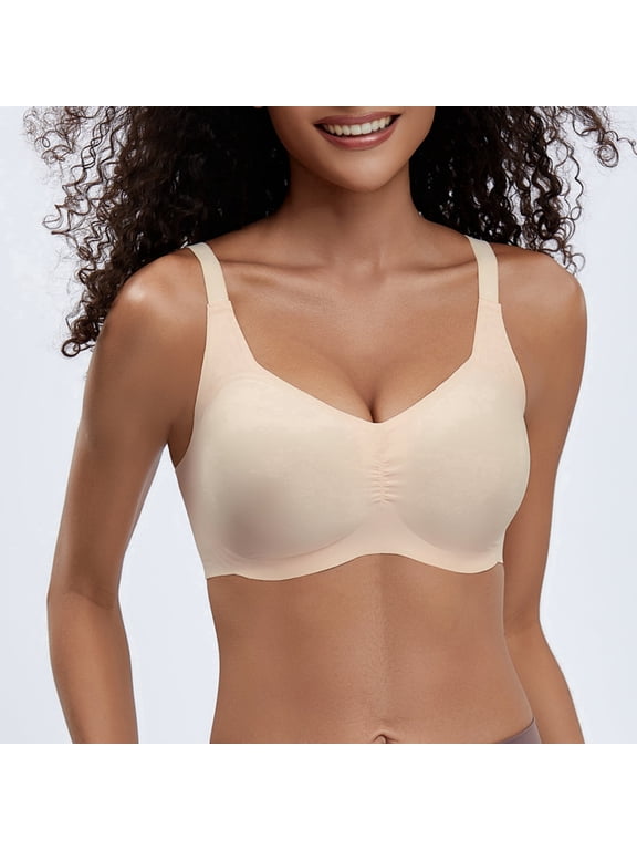Women's Wireless Bras for Big Bust Full Coverage U-Back Soft Support T-Shirt Bra Wide Side Wings,(Beige,XL)