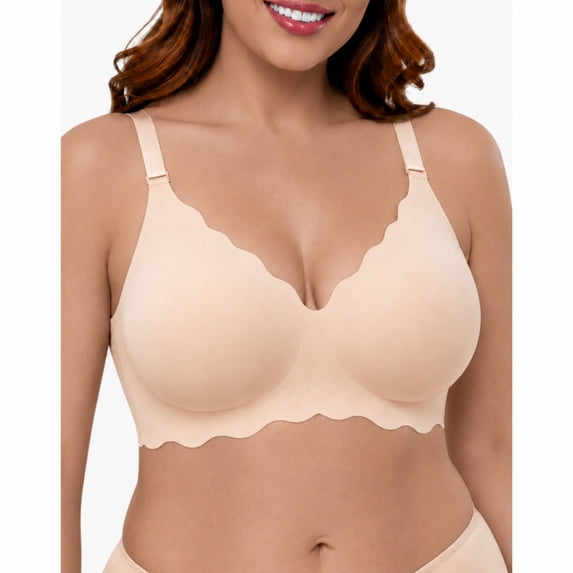 CucumberDay Wireless Bras for Women Plus Size Full Coverage T-Shirt Bra with Soft Support Wide Side Wings, U-Back Comfort Seamless Bra, Beige, L