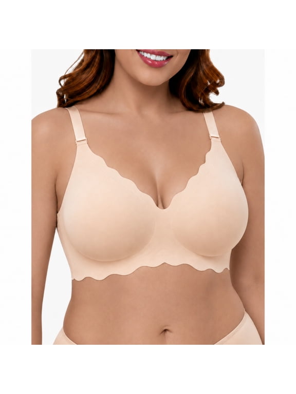 Wireless Bras for Women Plus Size Full Coverage T-Shirt Bra with Soft Support Wide Side Wings, U-Back Comfort Seamless Bra, Beige, XL