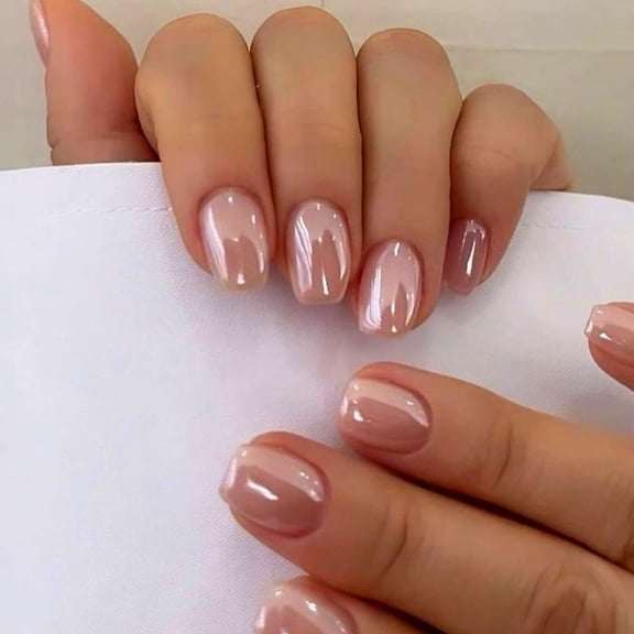 Nude Press On Nails Short - Chrome Press On Nails Square, Sparkly Fake Nails Press ons, Bling Glazed Glue on Nails Short Coffin, Cute Shiny False Nail Gel Stick On Nails for Women Weddings