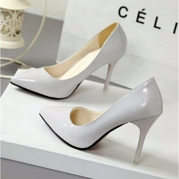 Nude Pumps for Women High Heel Shoes Female Fashion Patent Leather Sexy Pointed Toe Thin Heel Wedding Shoes Plus Size (Gray 10cm,39)