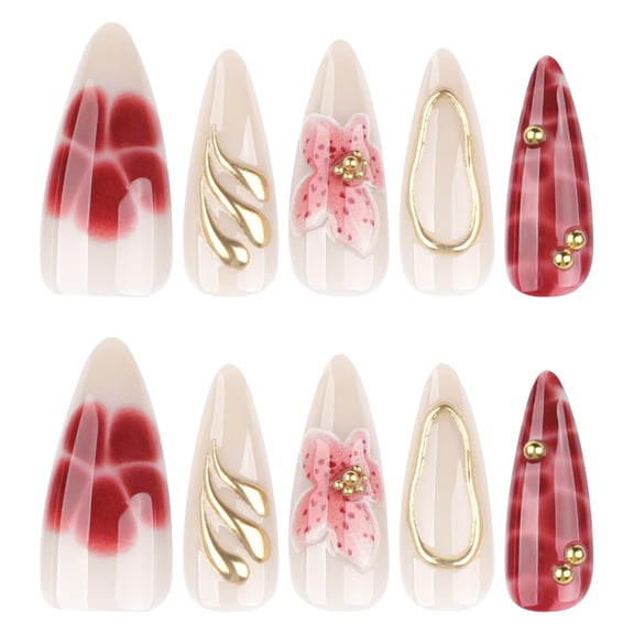 Nude Red Gold Floral Metal Bead Marble Press on Nails Stiletto Fake Nails Full Cover Adhesive Press Ons Glossy Acrylic False Nails Nail Tips DIY Manicure for Women Girls Home Manicure 24 Pcs