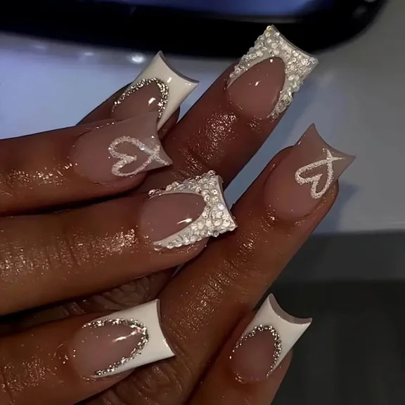 Nude Square Press On Nails Short Length White French Tips Fake Rhinestones Design Birthday Bride Holiday Women