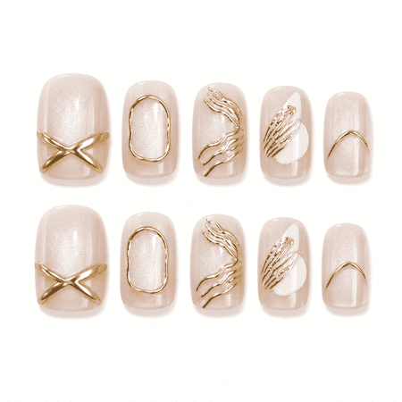 Nude White Gold Line Press on Nails Short Square Fake Nails with French Tip Designs Nude White Full Cover Adhesive Press Ons Nail Art Tips Luxury Look Acrylic False Nails Holiday Gift 30 Pcs