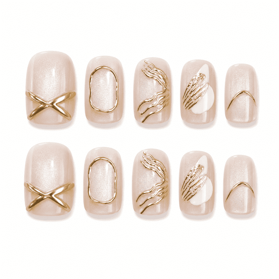 Nude White Gold Line Press on Nails Short Square Fake Nails with French Tip Designs Nude White Full Cover Adhesive Press Ons Nail Art Tips Luxury Look Acrylic False Nails Holiday Gift 30 Pcs