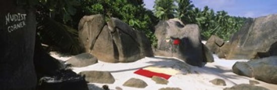Nudist corner written on a rock on the beach Mahe Island Seychelles Canvas Art - Panoramic Images (36 x 12)