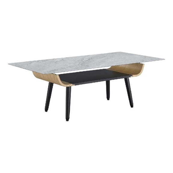 Nue Coffee Table- 47 Inch 3D Printed Glass Marble- Curved Shelf- Gray