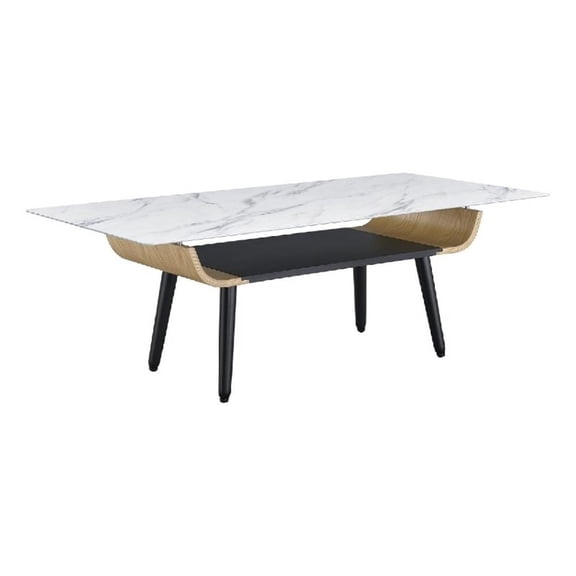 Nue Coffee Table- 47 Inch 3D Printed Glass Marble- Curved Shelf- White