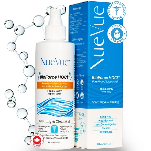 NueVue BioForce Pure Hypochlorous Acid Spray for Face & Body - Eczema-Prone Skin , Piercing aftercare, Made in Canada, Gentle Skin Cleanser & Toner, pH Balanced, Non-comedogenic (8.2 oz )