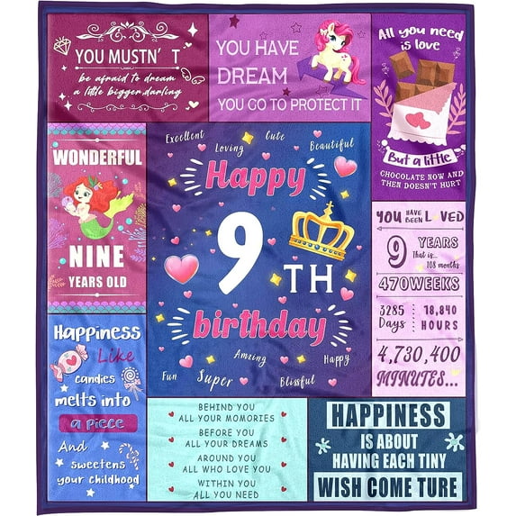 Nueasrs 9 Year Old Girl Gift Ideas Blankets 50x60 Inches, Birthday Gifts for 9 Year Old Girls, 9th Birthday Decorations for Girls Throw Blanket
