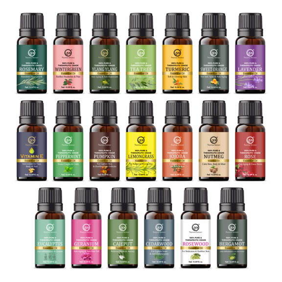 Nuerma Science Essential Oil 5mL x 20 (Each 0.16oz) , 100% Pure Therapeutic Essential Oils-Perfect for Diffuser, Humidifier,Aromatherapy, Massage,Skin & Hair Care, Soap Making