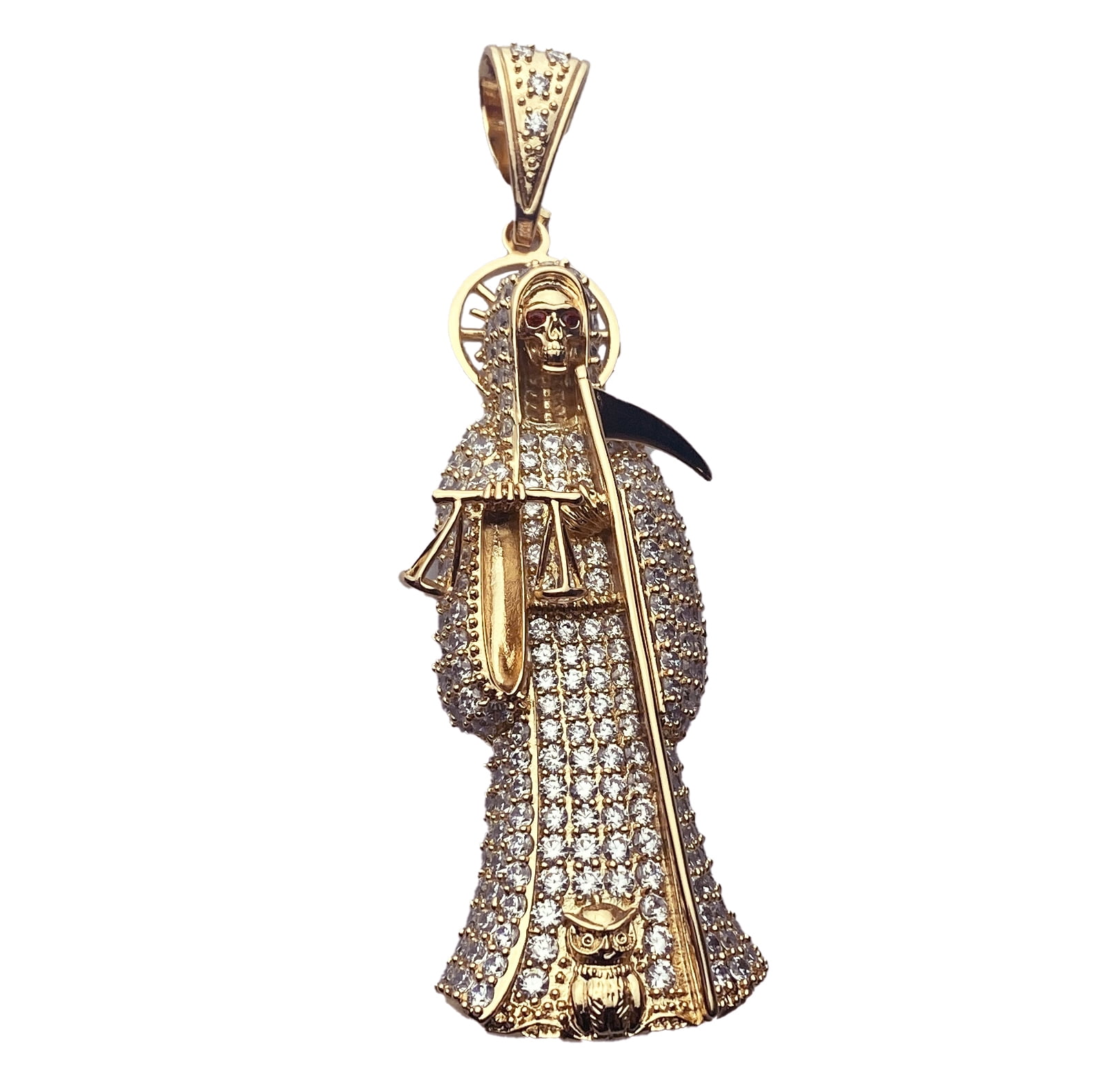 Nuestra Señora De La Santa Muerte Pendant Holy Death Grim Reaper Iced Micro Pave Bling 18k Gold Finish Charm 3.5" inch