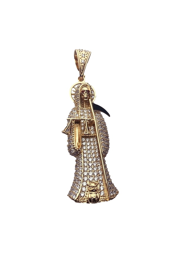 Nuestra Seora De La Santa Muerte Pendant Holy Death Grim Reaper Iced Micro Pave Bling 18k Gold Finish Charm 3.5" inch