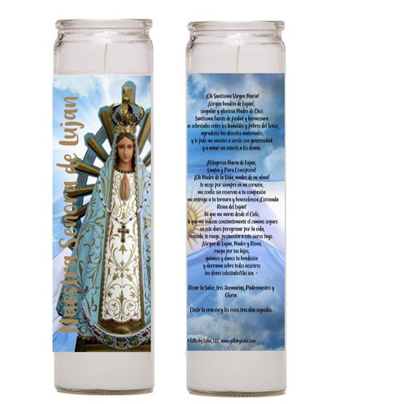 Nuestra Señora de Luján Virgen de Lujan Patrona de Argentina Uruguay y Paraguay, Set de 2 Veladoras de Cristal 8 Pulgadas con Oración en Español, Vela de Altar