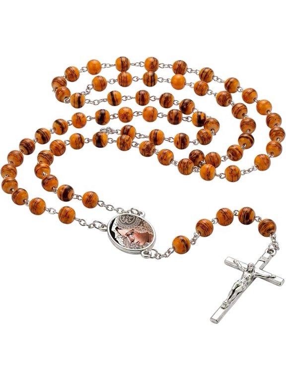 Nuestra Seora de la Esperanza Macarena Rosario Catlico de Cristal Azafrn y mbar con Crucifijo Baado en Plata y Tarjeta de Oracin en Espaol