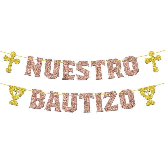 Nuestro Bautizo Banner My First Communion Mi Bautizo Primera Comunin Christening Decorations for Kids Boys Girls, Birthday Baptism Party Supplies - Rose Gold