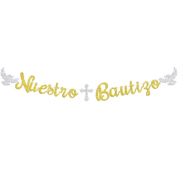 Nuestro Bautizo Banner, Spanish First Holy Communion, 1st Birthday, Christening Baptism Baby Shower Party Decorations Supplies, Gold Glitter