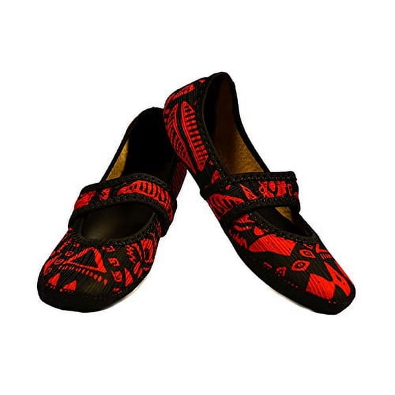 NuFoot Betsy Lou Fuzzies Women's Foldable Flats Red Aztec, X-Large, Indoor Slippers & Travel Shoes