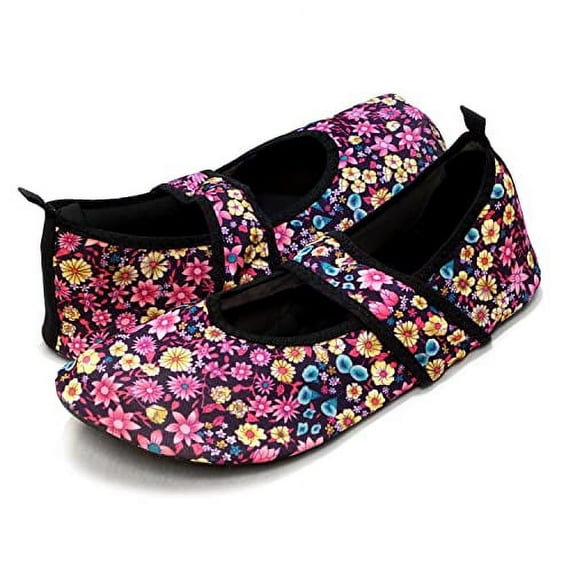 Nufoot Women's Futsoles Soft-Sided Shoes for Indoors/Outdoors, Foldable & Flexible Footwear for Sport, Exercise, Yoga or Travel, Dance Shoes, Purple Daisies, Small