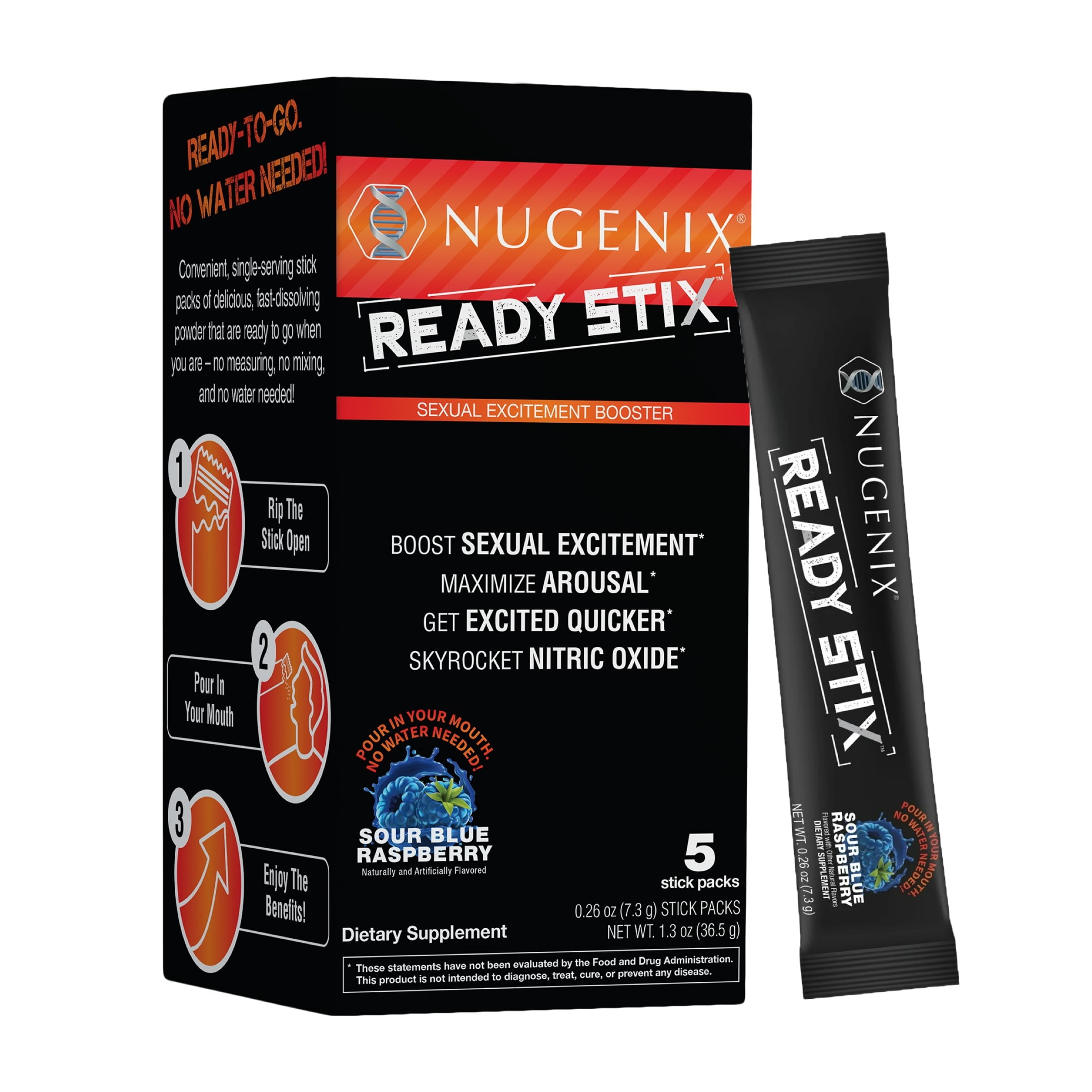 Nugenix Ready Stix - Men's Excitement Booster Supplement, 5 Packets, Powder, Sour Blue Raspberry