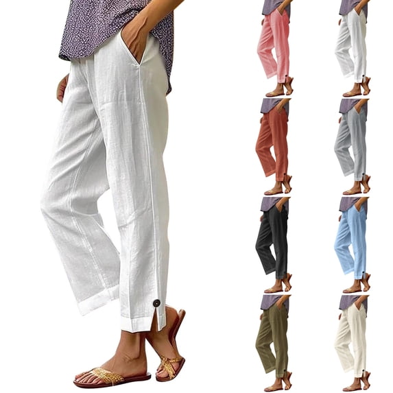 Nugftu Wide Leg Pants for Women Cotton Linen Blend Pants Elastic Waist Casual Trousers with Pockets
