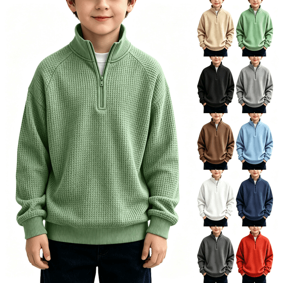Nugftut Boys Sweatshirts Waffle Knit Quarter Zip Fashion Long Sleeve Pullover Sweatshirts Size 13