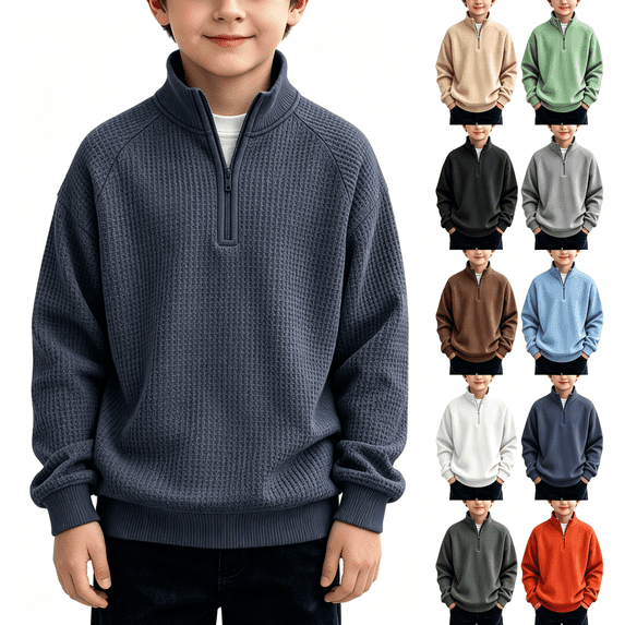 Nugftut Boys Sweatshirts Waffle Knit Quarter Zip Fashion Long Sleeve Pullover Sweatshirts Size 7