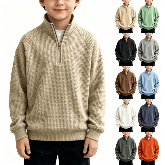 Nugftut Boys Sweatshirts Waffle Knit Quarter Zip Fashion Long Sleeve Pullover Sweatshirts Size 7