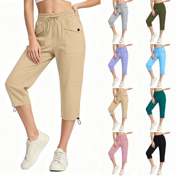 Nugftut Capri Pants for Women Elastic Waist Drawstring Capris Pockets Casual Cropped Cargo Pants