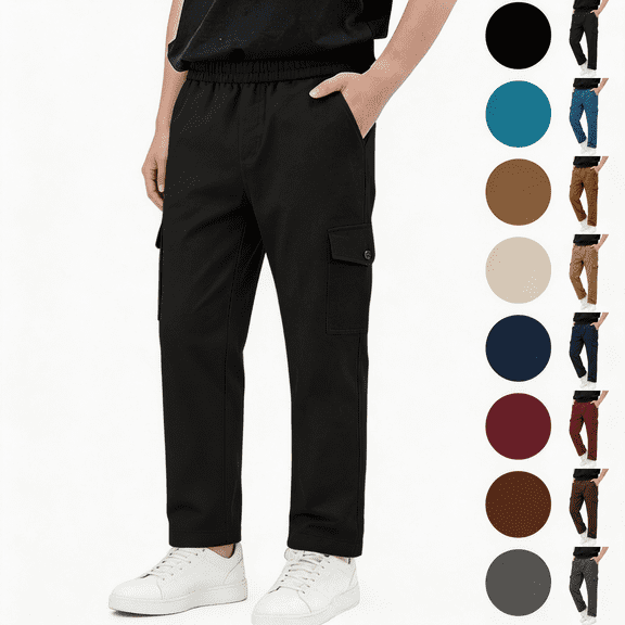 Nugftut Cargo Pants for Boys, Multi‑Pockets Elastic Waist Casual Outdoor School Pants for Boys,Black,Sizes 5-6