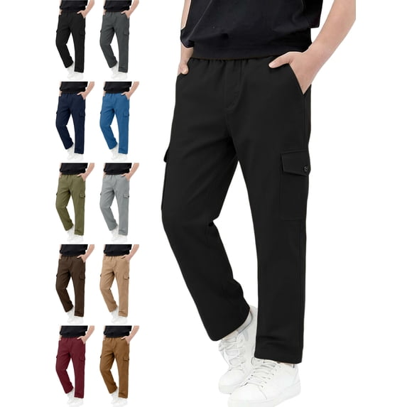 Nugftut Cargo Pants for Boys, Multi‑Pockets Elastic Waist Casual Outdoor School Pants for Boys,Black,Sizes 5-6