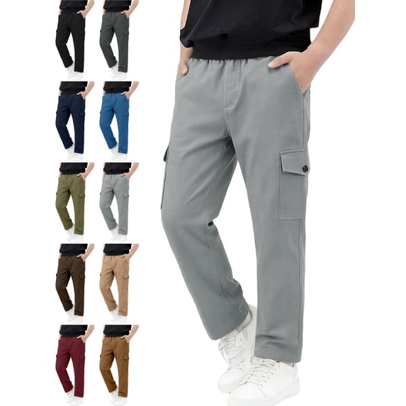 Nugftut Cargo Pants for Boys, Multi‑Pockets Elastic Waist Casual Outdoor School Pants for Boys,Gray,Sizes 15-16