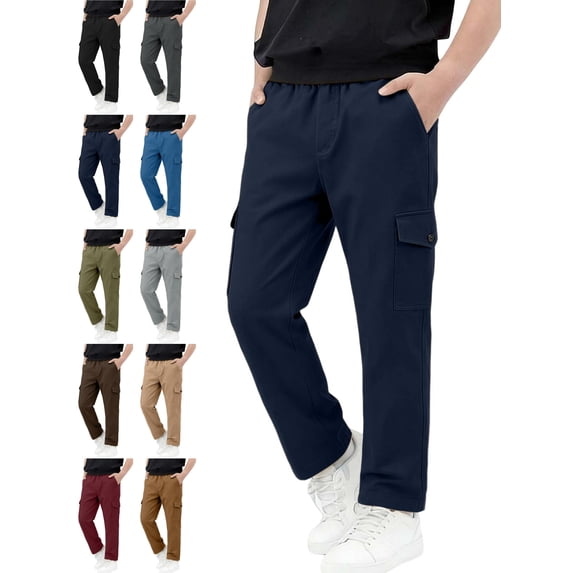 Nugftut Cargo Pants for Boys, Multi‑Pockets Elastic Waist Casual Outdoor School Pants for Boys,Navy,Sizes 7-8