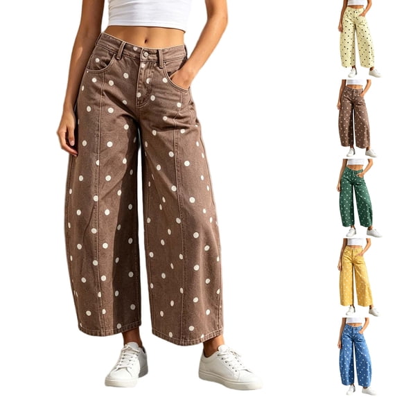 Nugftut Dots Wide Leg Jeans for Women High Waist Jeans Loose Pockets Trousers