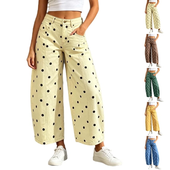 Nugftut Dots Wide Leg Jeans for Women High Waist Jeans Loose Pockets Trousers