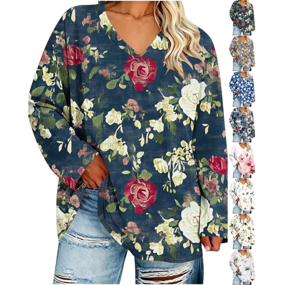 Nugftut Plus Size Tops for Women Long Sleeve Floral Graphic V Neck Blouses Casual Loose Fit Shirts
