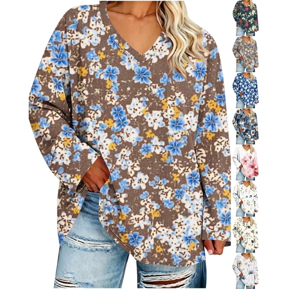 Nugftut Plus Size Tops for Women Long Sleeve Floral Graphic V Neck Blouses Casual Loose Fit Shirts