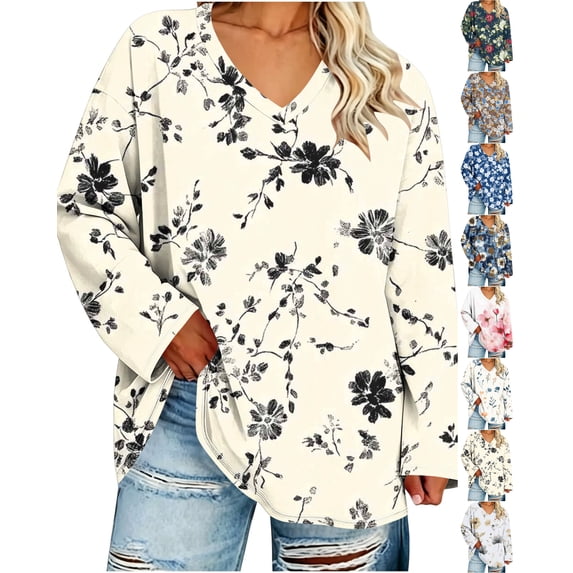 Nugftut Plus Size Tops for Women Long Sleeve Floral Graphic V Neck Blouses Casual Loose Fit Shirts