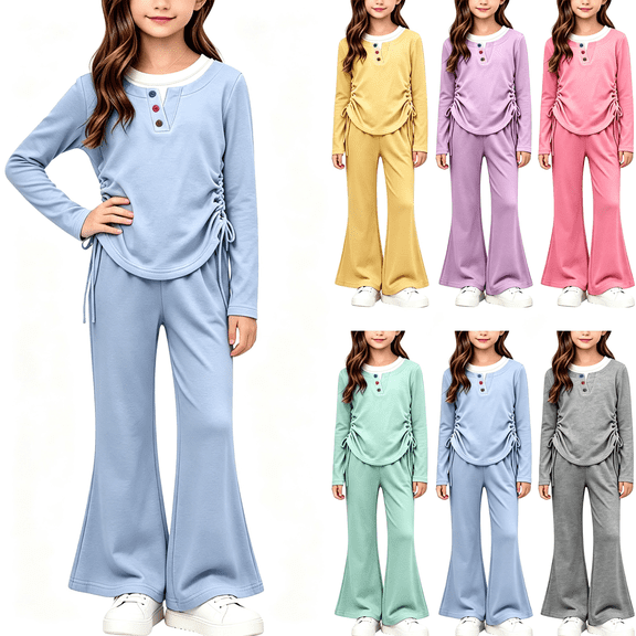 Nugftut Girls 2 Piece Outfit Size 9-10 Years Long Sleeve Henley Top and Flare Pants Set Ruched Drawstring Bell Bottom