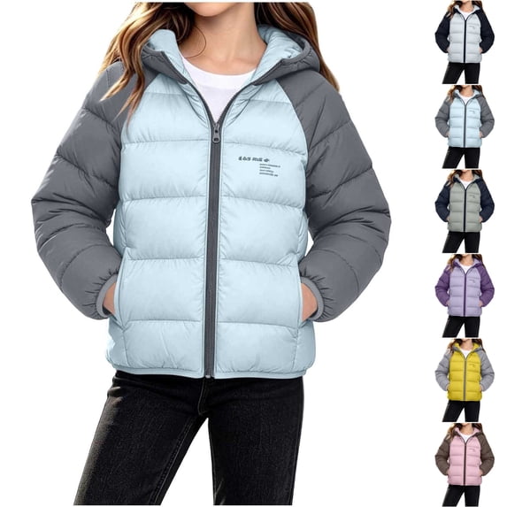 Nugftut Girls Jacket Size 11 Years Winter Hooded Colorblock Puffer Jacket Zip-Up Quilted Warm Windproof Coat Outwear