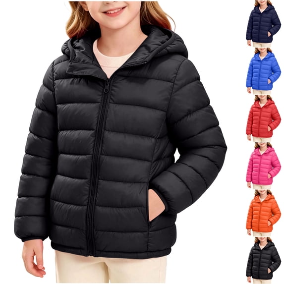 Nugftut Girls Jackets Windproof Puffer Warm Jackets with Hood Lightweight Soft Coat with Pockets Size 7-8