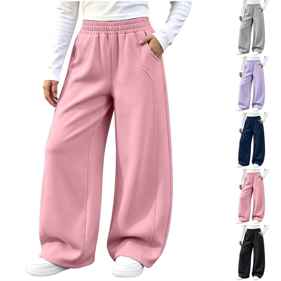 Nugftut Girls Sweatpants Kids Baggy Wide Leg Pants Elastic Waist Cute Clothes with Pockets Size 5-6