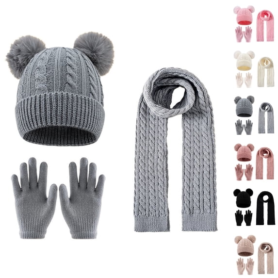 Nugftut Hat Glove Scarves Set for Girl, Double Pom Pom Kids Winter Outdoor Snow 3-Piece Knit Warm Set